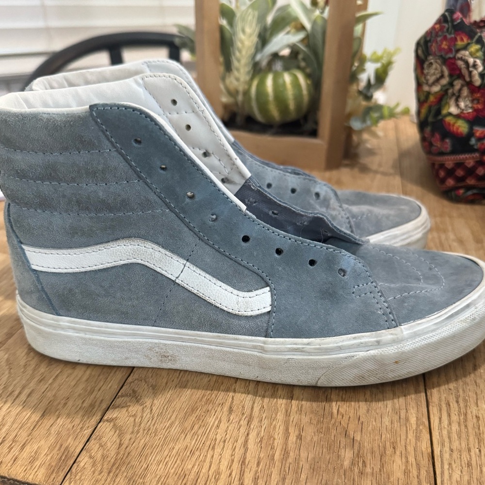 Blue Suede Vans High-Top Sneakers with White Stripe